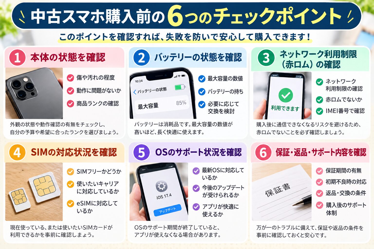 中古スマホ購入前の6つのチェックポイント。本体状態、バッテリー、赤ロム、SIM対応、OSサポート、保証・返品を確認