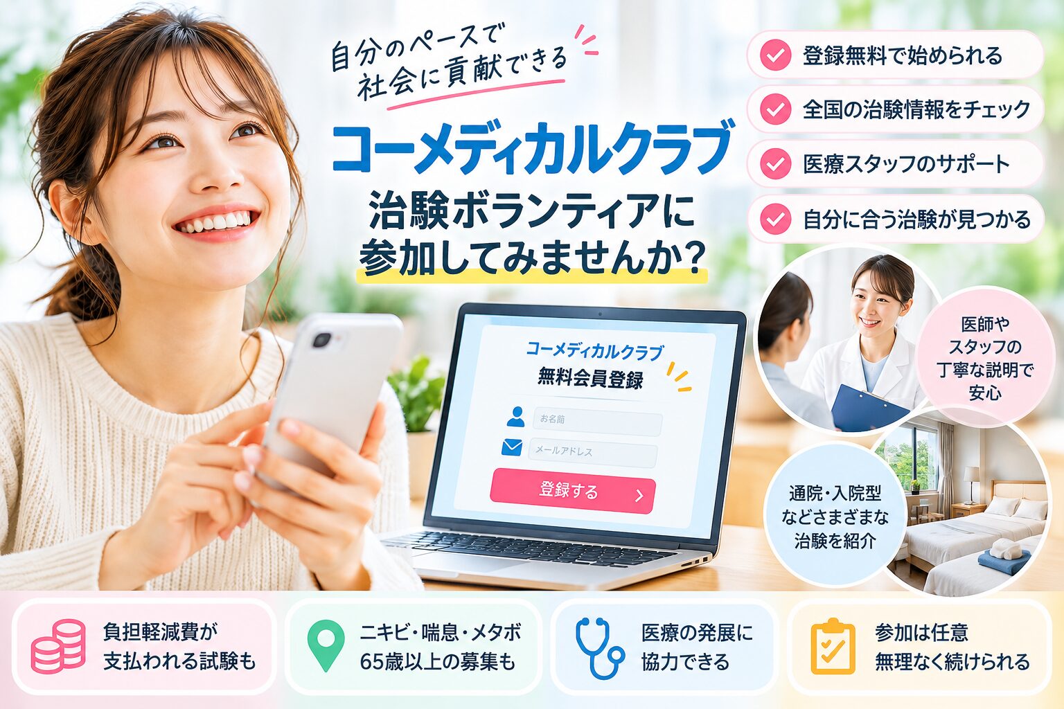 コーメディカルクラブの治験ボランティアと無料会員登録の案内イメージ