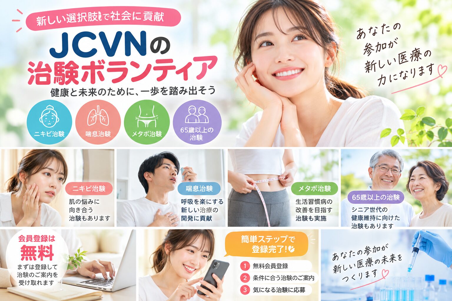 JCVN治験ボランティアの案内イメージ。ニキビ・喘息・メタボ・65歳以上の治験と無料会員登録について